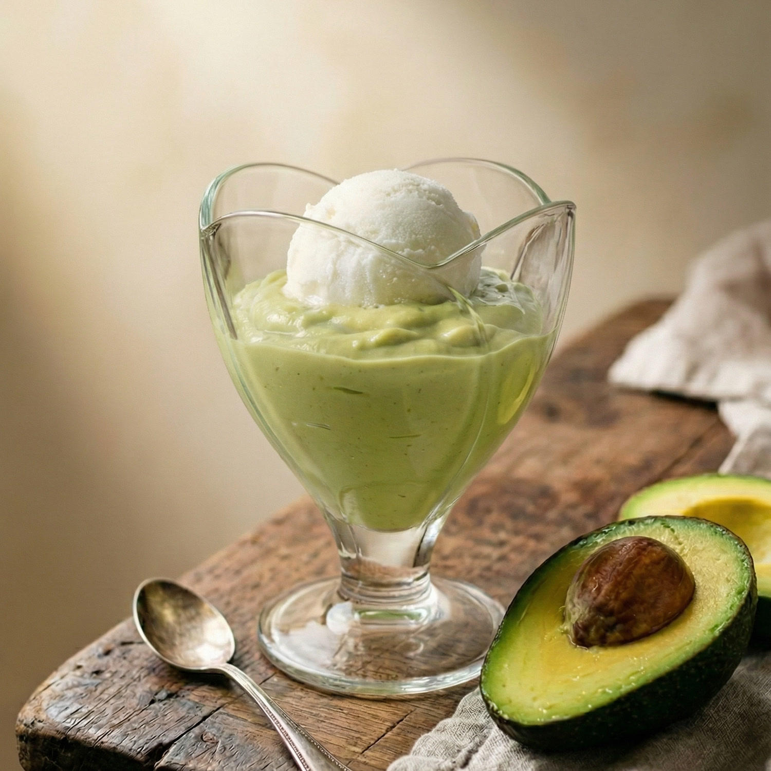 Avocado dessert on weathered wood in warm window light