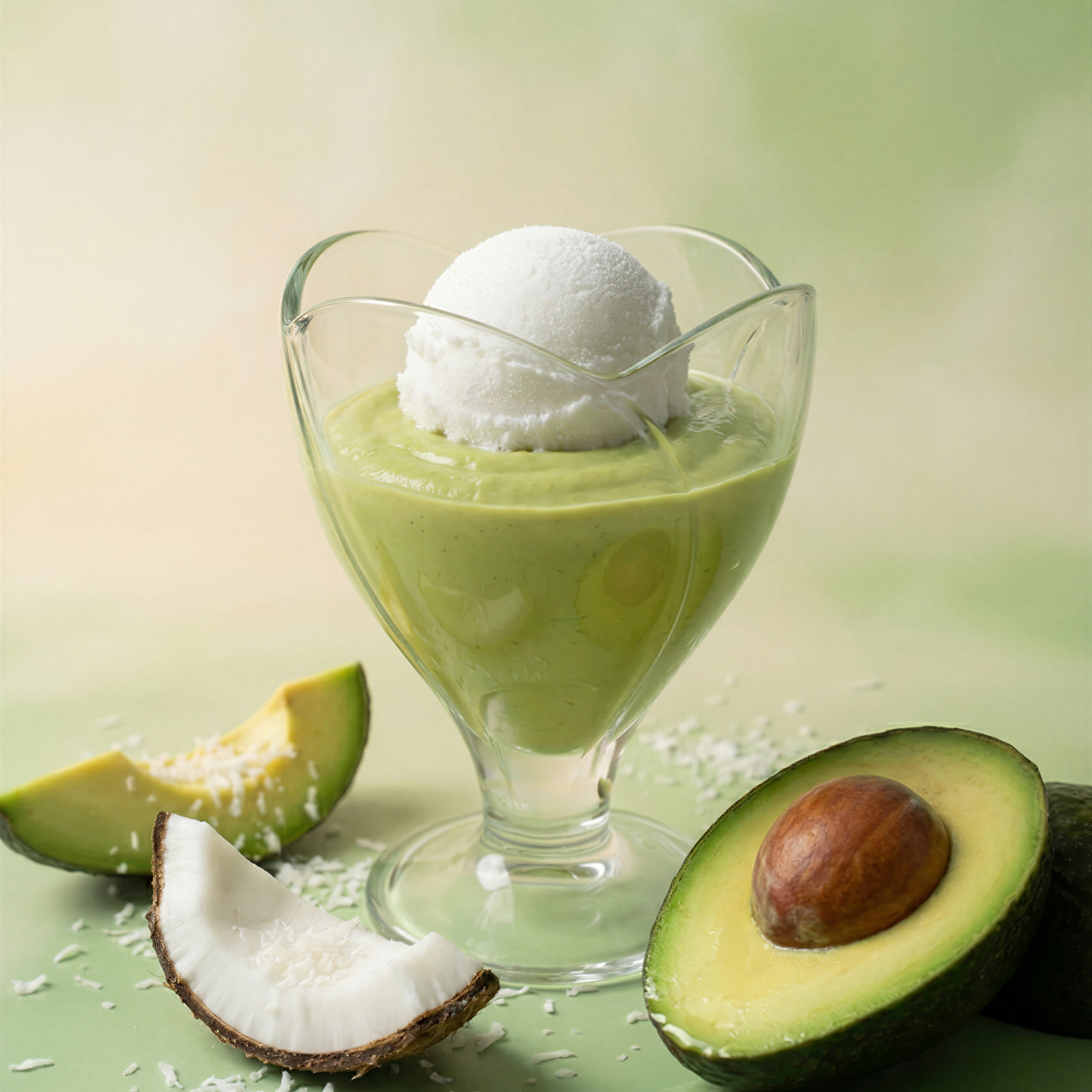 Avocado dessert on a green surface with coconut and shredded flakes