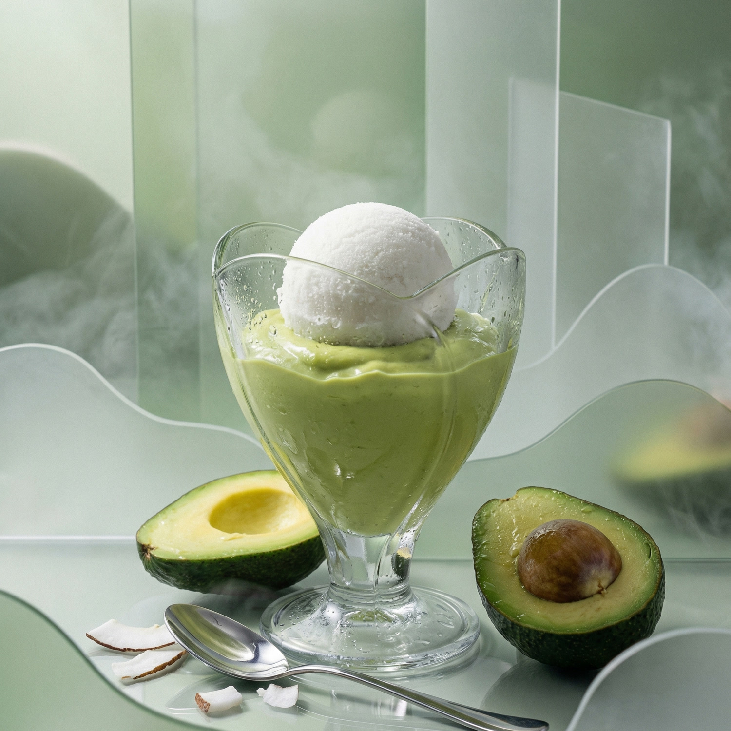 Avocado dessert among frosted glass panels in cool mint light