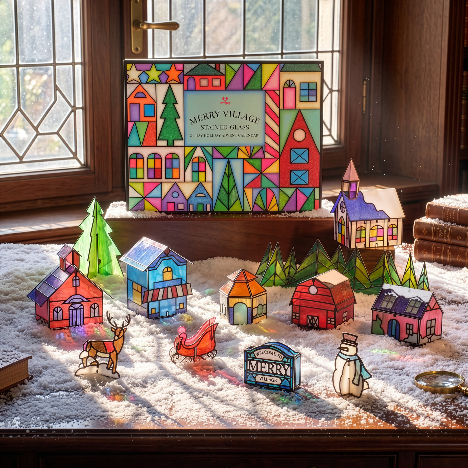 Stained-glass paper village advent calendar on a snow-dusted window ledge