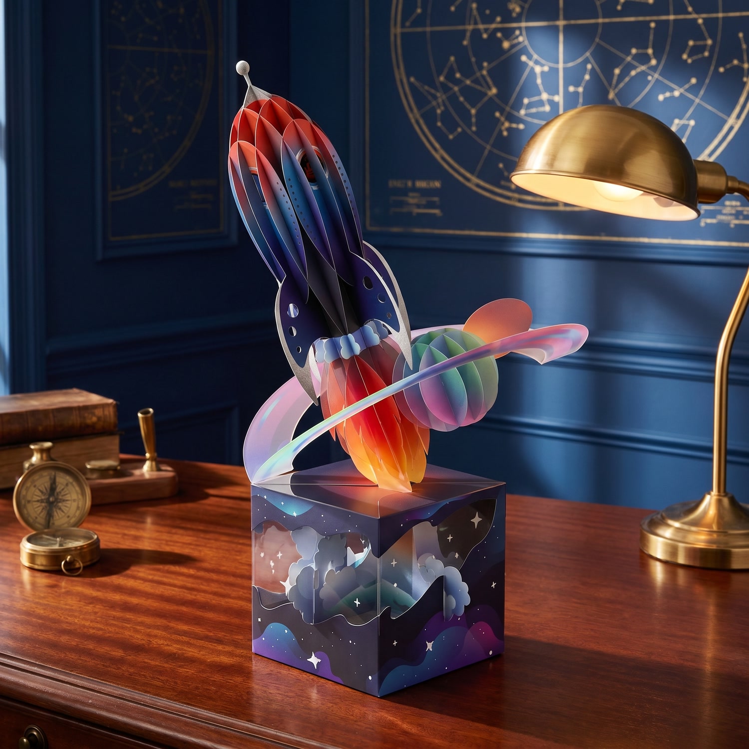 Paper rocket pop-up on a desk under a brass lamp