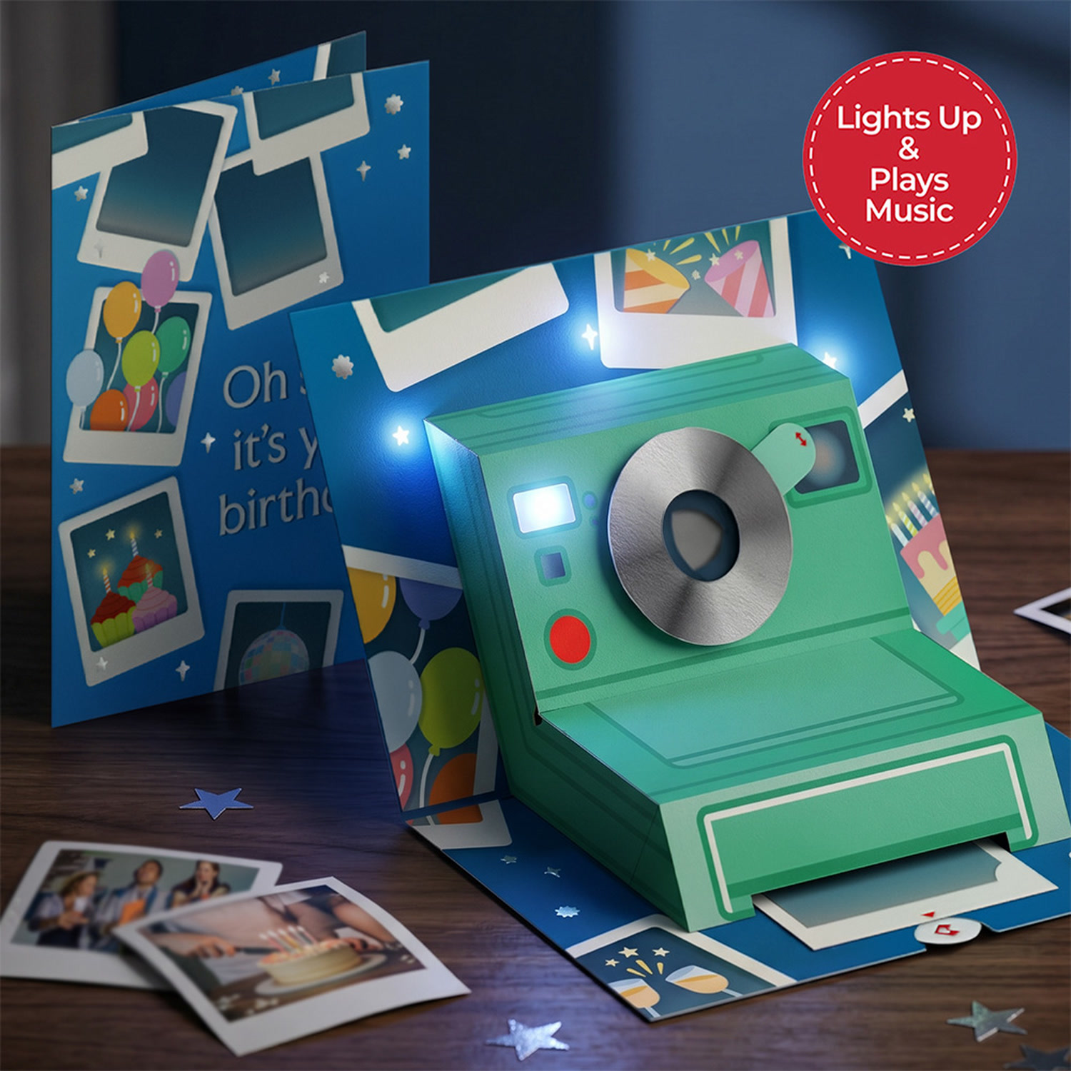 Instant-camera pop-up card that lights up and plays music