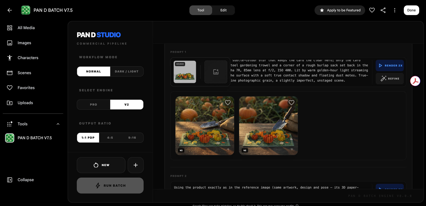 PAN D BATCH interface running a batch of paper product renders